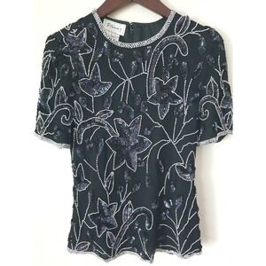 STENAY Women's Short Sleeve Beaded w/ Sequins Black Silk Blouse Size‎ S